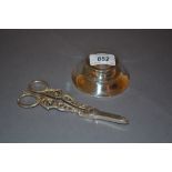 Pair of Mappin and Webb London silver grape scissors together with a silver Capstan inkwell