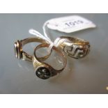 14ct Gold Key pattern ring together with two unmarked dress rings