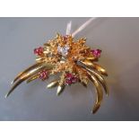 Mid 20th Century 18ct yellow gold floral spray brooch set diamonds and rubies CONDITION