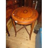 Edwardian satinwood and marquetry inlaid oval occasional table on square splay supports with