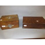 19th Century figured walnut and mother of pearl inlaid work box containing various sewing items,