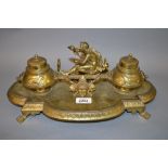 Late 19th / early 20th Century gilt two bottle ink / pen stand,