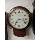 19th Century mahogany circular drop-dial wall clock, the painted dial with Roman numerals,