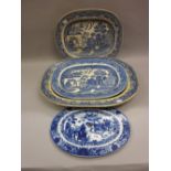 Large 19th Century blue and white transfer printed Willow pattern meat dish together with two