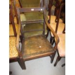 19th Century mahogany Mendlesham style open elbow chair on square tapering supports with stretchers