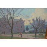 John Harold Blakeley signed oil on canvas board, figures in a park, inscribed verso, ' Nottingham ',