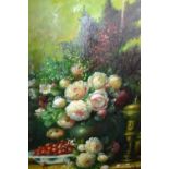 Large gilt framed oil on board, still life of roses, brass ware and a bowl of fruit on a ledge,