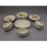 Mintons fruit decorated dessert service, and a pair of 19th Century Derby sauce tureens with stands,