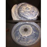 19th Century blue and white transfer printed wash bowl with a central plug hole and other