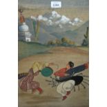Japanese textile picture of figures in a landscape together with a modern Chinese print,