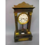 19th Century French rosewood brass inlaid and ormolu mounted portico clock with an enamel dial,