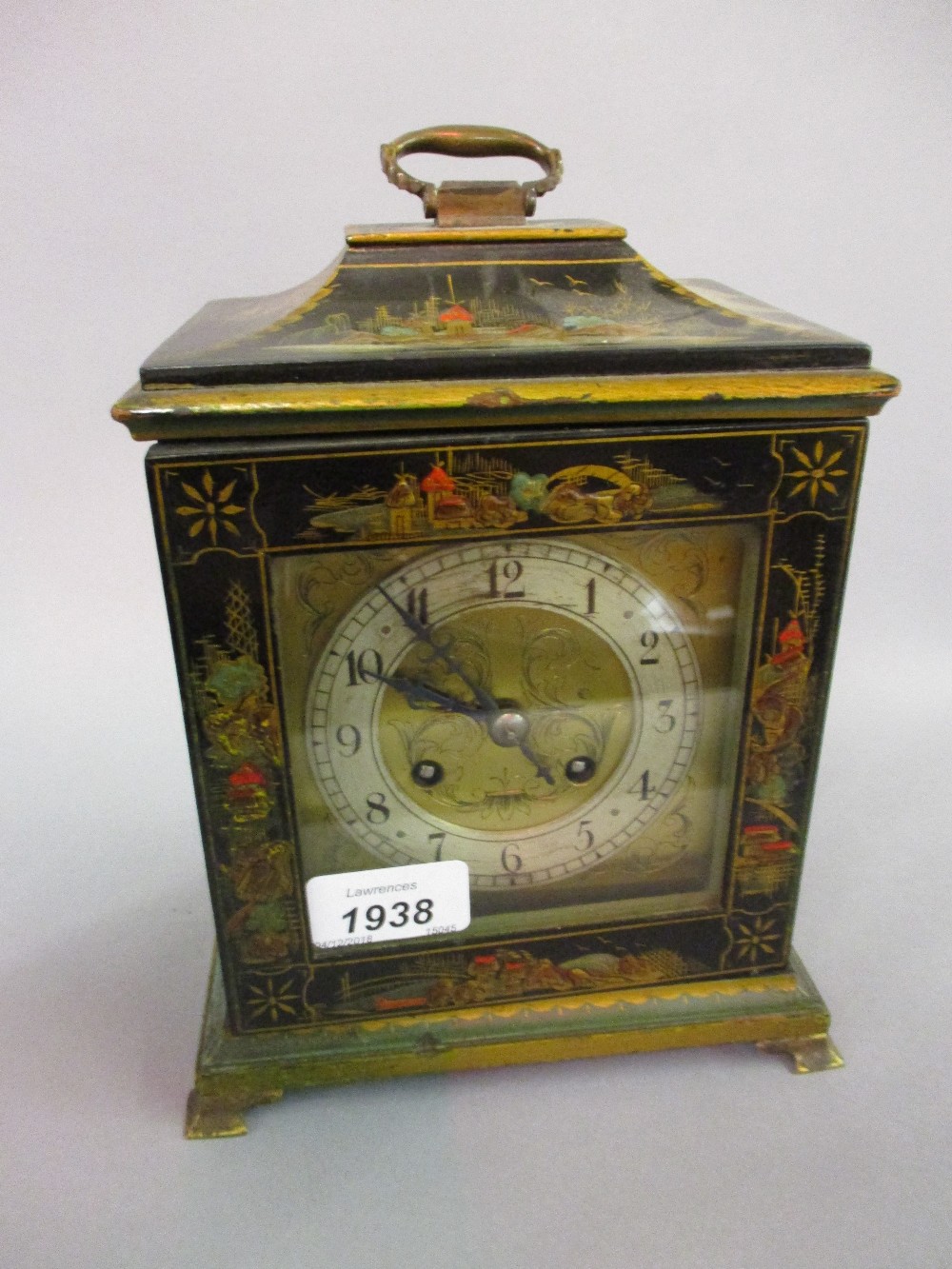 Early 20th Century black chinoiserie lacquered mantel clock,