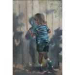 Modern oil on board, a child peering through a hole in the fence, indistinctly signed,