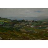 Oil on panel, village amongst hills, inscribed on frame plaque, ' Campbell A.