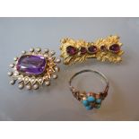 Two antique brooches and a turquoise set ring