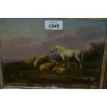 19th Century oil on panel, study of ducks, sheep and a horse, signed Gerardt, 7ins x 10ins,