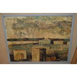 Paul D'Aguilar signed oil on board, abstract study of a building in a landscape, dated 1960,