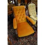 Late Victorian mahogany gold button upholstered open arm drawing room chair with spindle turned