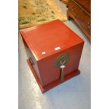 Pair of 20th Century red lacquered Chinese lamp tables / boxes with brass clasps and side handles,