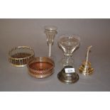 Silver plated wine funnel, two plated bottle coasters,