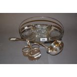 Silver plate four section hors d'oeuvres stand with glass liners, large plated ladle,