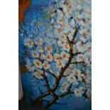 20th Century acrylic on canvas, study of tree blossom, unsigned, together with a print on canvas,