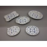 Group of five Royal Copenhagen blue and white dishes and plates