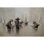 Pair of Far Eastern paintings on canvas, figures working with wicker baskets, signed Choob,