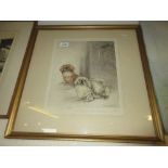 George Vernon Stokes artist Limited Edition etching, study of Pekinese dogs, 11.5ins x 9.