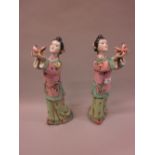 Pair of modern Chinese Canton figures of girls releasing birds
