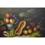 Oil on canvas, still life of fruit on a ledge, signed Greene, together with an oil on canvas,