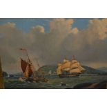 Late 19th Century oil on canvas, coastal inlet with three masted gun ship and other shipping, 9.
