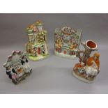 19th Century Staffordshire watch holder group, babes in the wood, Staffordshire spill vase,
