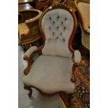 Victorian carved mahogany pale blue button upholstered open arm drawing room chair raised on