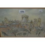 Harry Fletcher, pencil and watercolour, study of Yorkminster from the city wall, signed, 9ins x 12.
