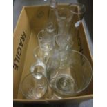 Large plain glass pedestal goblet, an antique facet cut decanter together with various mugs,