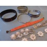 19th Century coral bracelet, three silver bangles,