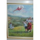 Modern oil on board, children flying a kite in a summer landscape, indistinctly signed,
