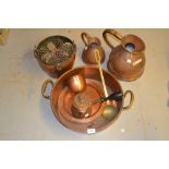 19th Century copper two handled preserve pan, two copper measures, a warming pan,