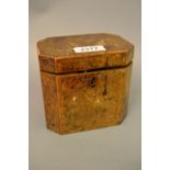 Early 19th Century crossbanded and inlaid burr yew wood single division tea caddy (at fault)