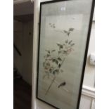 Japanese silk embroidered panel, bird in foliage,