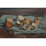 Desmond Harmsworth, oil on canvas, still life study, eggs on a table, signed, 10ins x 16ins, framed,