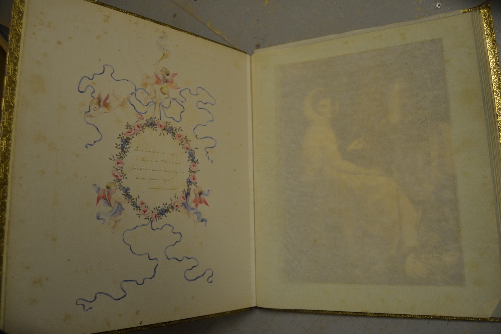 Album containing a collection of monochrome sepia tinted engravings, portraits after Romney,