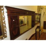 Edwardian mahogany and inlaid overmantel mirror with a centre plate flanked by two panels