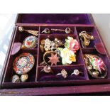 Antique leather jewellery box containing a quantity of mixed costume jewellery CONDITION