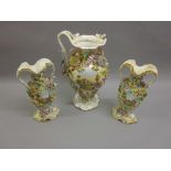 Pair of 19th Century English floral encrusted two handled vases of Coalbrookdale type together with