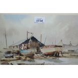 Claud Kitto, watercolour, boats before a boathouse together with an E.J.