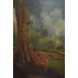 Oil on canvas, study of pan seated under a tree by a lake, indistinctly signed,