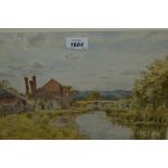 Thomas Hunn, watercolour, cottages by a stream in Surrey, signed, 9.25ins x 13.