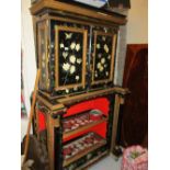 19th Century ebonised and gilded side cabinet, all over painted with birds in foliage,